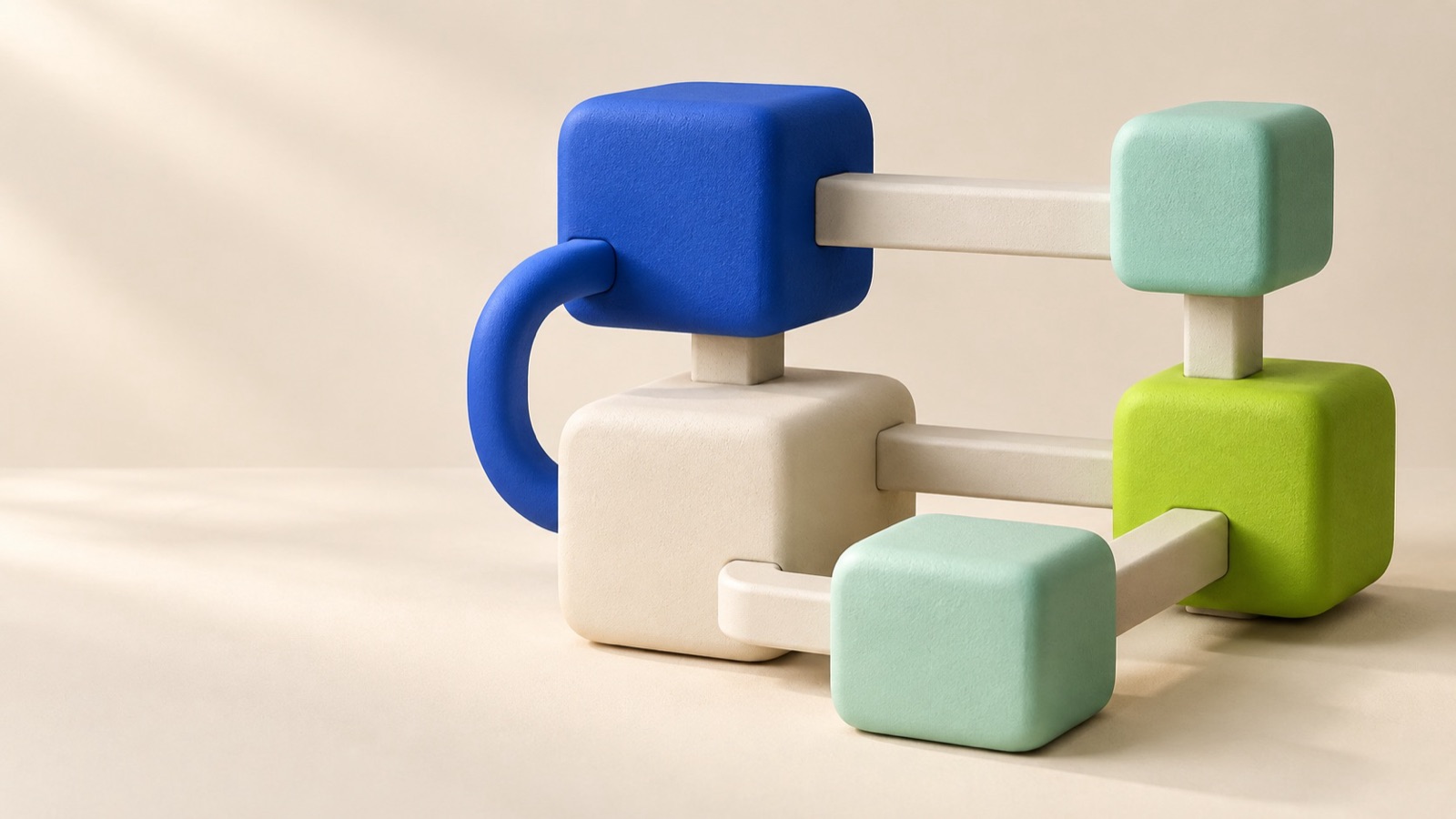 Rounded building blocks in blue, mint, lime and cream slotted onto rails