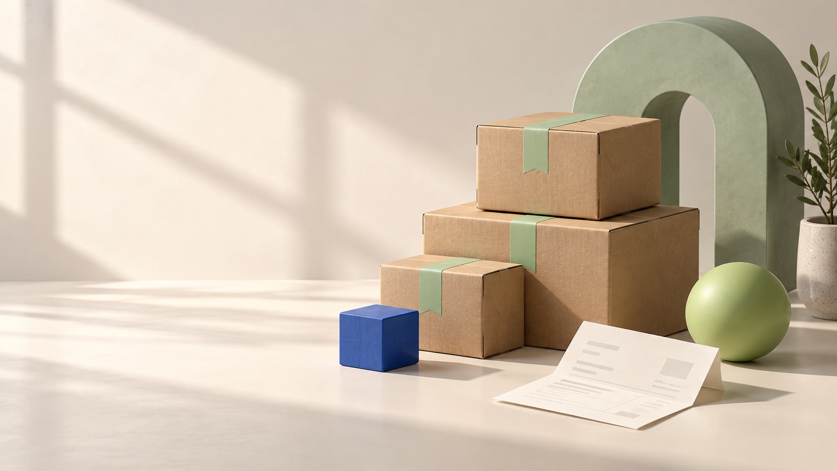 Kraft boxes sealed with mint tape beside a supplier invoice, a blue cube and a lime sphere