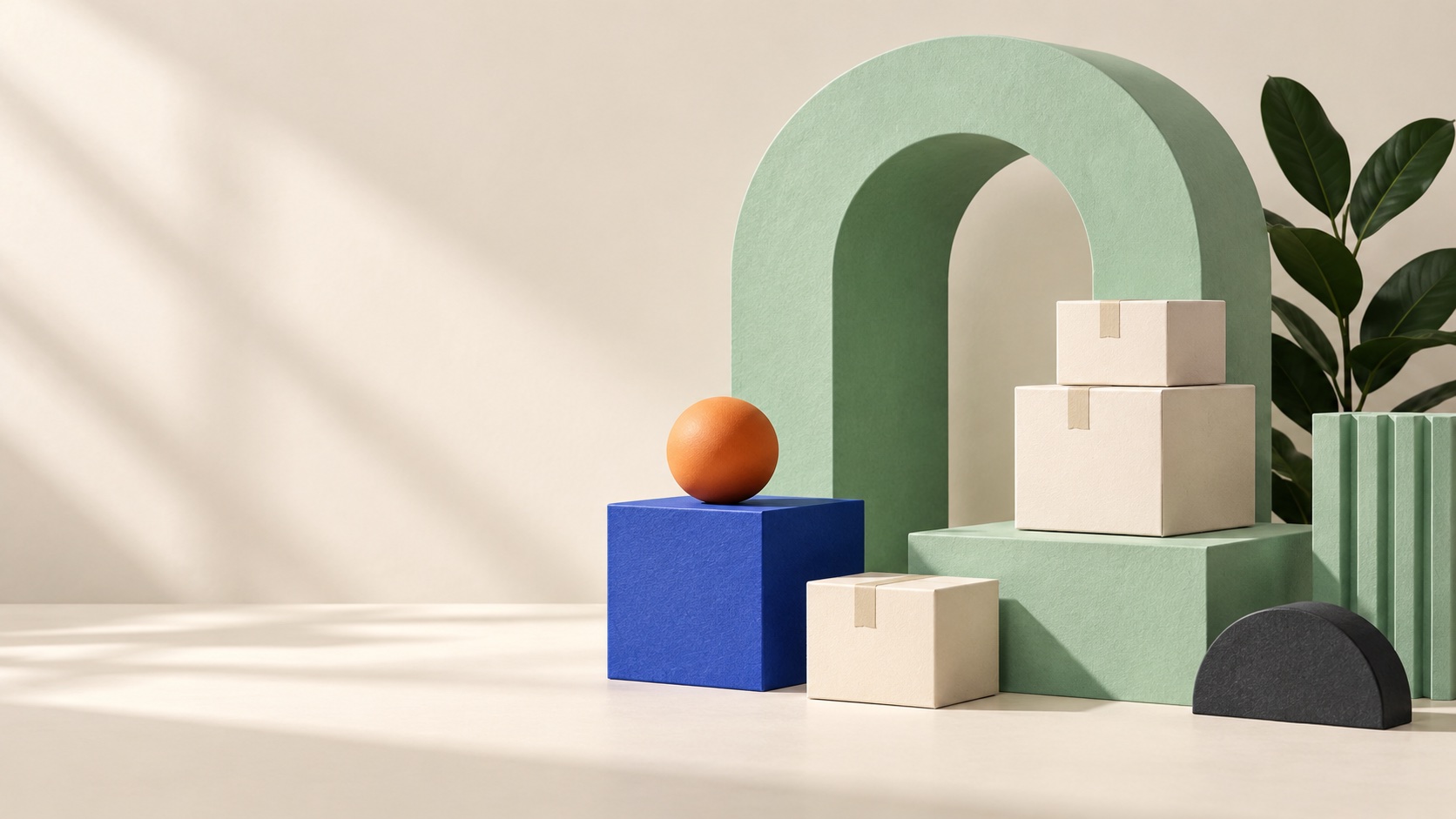 Mint sculptural arch, stacked parcels and cobalt and orange shapes